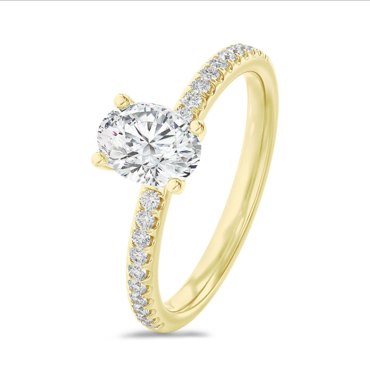 2.00 quilates anillo solitario diamante ovalado cultivado en laboratorio en oro amarillo con diamantes en los lados cultivados en laboratorio
