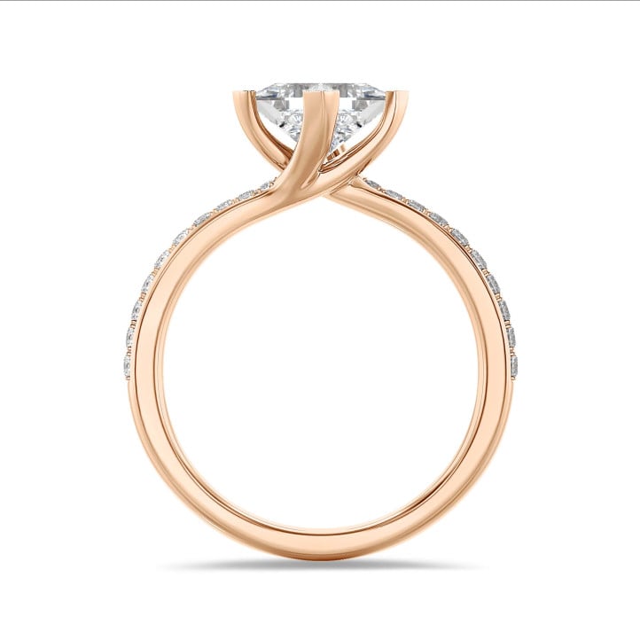 1.50 quilates anillo solitario en oro rojo con diamante princesa cultivado en laboratorio y diamantes laterales cultivados en laboratorio