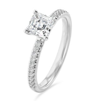 1.00 quilates anillo solitario diamante de corte asscher cultivado en laboratorio en oro blanco con diamantes cultivados en laboratorio en los lados
