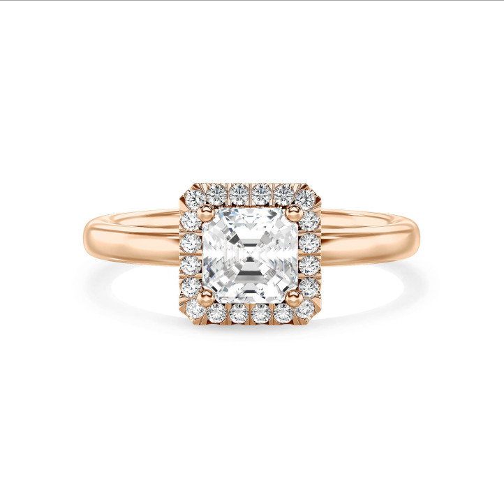 Alta Calidad quilates halo anillo solitario diamante de corte asscher  cultivado en laboratorio en oro rojo con diamantes redondos cultivados en 