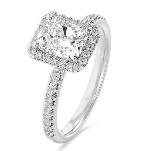 1.50 quilates halo anillo solitario diamante de talla radiante cultivado en laboratorio en oro blanco con diamantes redondos cultivados en laboratorio