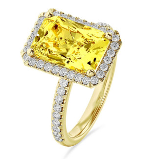 3.00 quilates halo anillo solitario diamante amarillo de talla radiante cultivado en laboratorio en oro amarillo