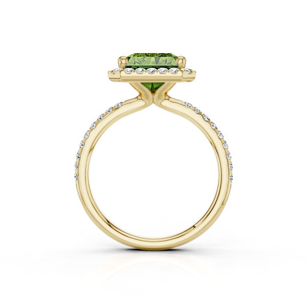 Novedades - Anillo solitario halo de 2,00 quilates con diamante esmeralda cultivado en laboratorio Fancy Vivid Green en oro amarillo con diamantes laterales