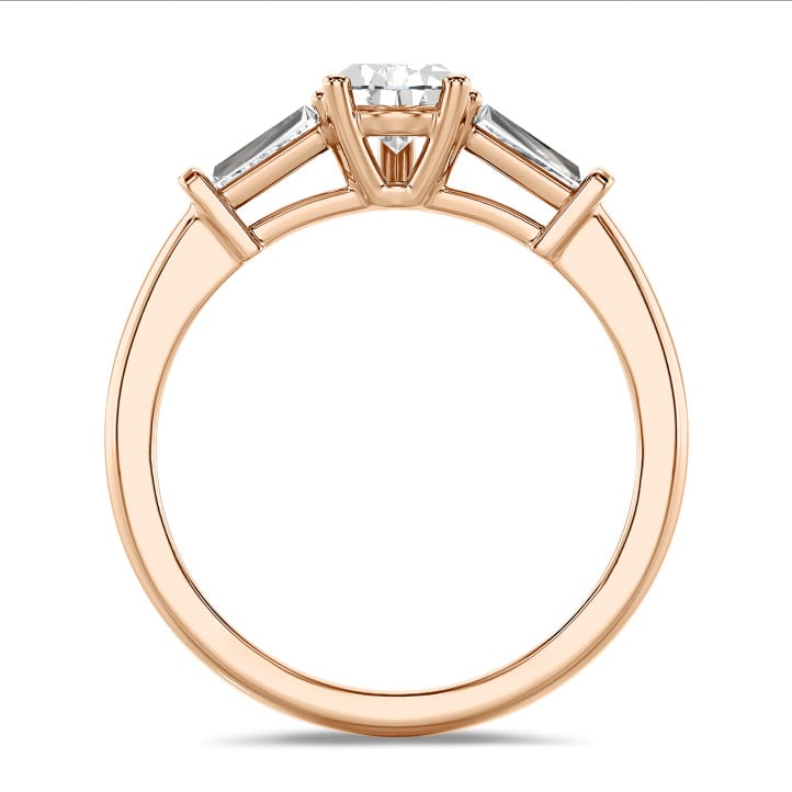 2.00 quilates anillo trilogía en oro rojo con diamante pera cultivado en laboratorio y baguettes cónicos cultivados en laboratorio