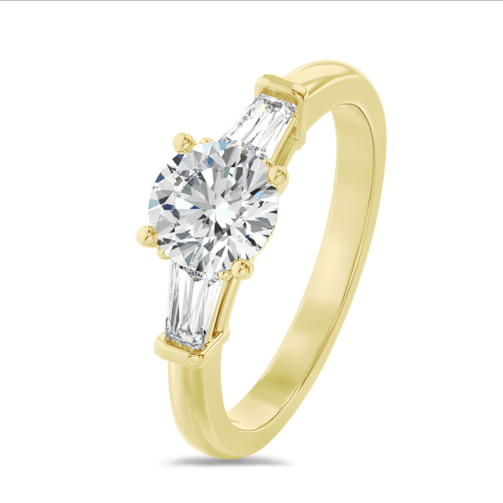 3.00 quilates anillo trilogía en oro amarillo con un diamante redondo cultivado en laboratorio y baguettes cónicos cultivados en laboratorio
