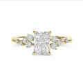 Anillo solitario tipo cluster 1.00 ct en oro amarillo con diamante corte radiante