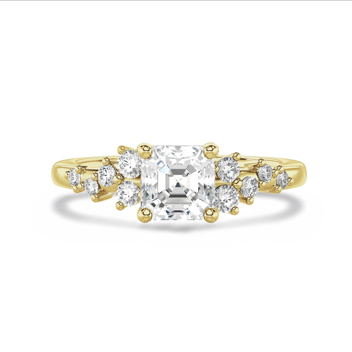 Anillo solitario tipo cluster 1.00 ct en oro amarillo con diamante corte Asscher