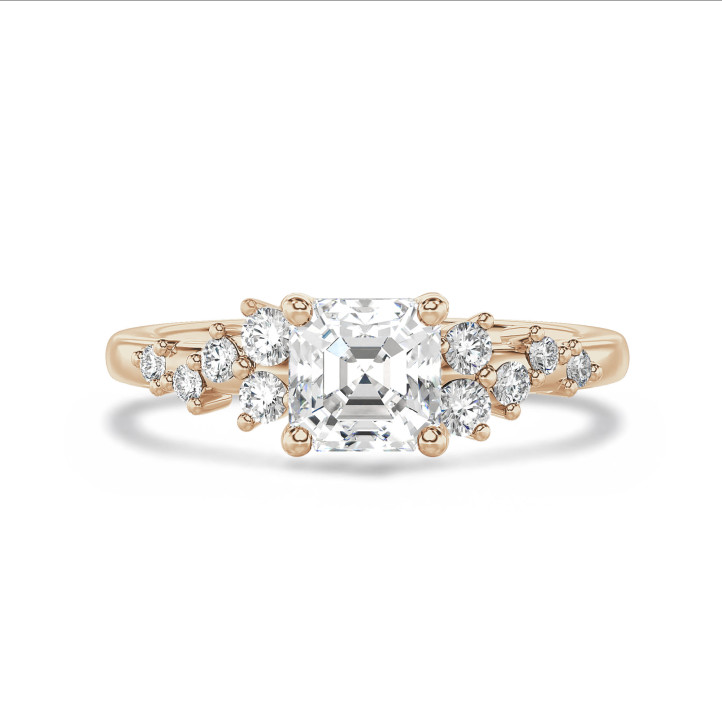 Anillo solitario tipo cluster 1.20 ct en oro rojo con diamante corte Asscher