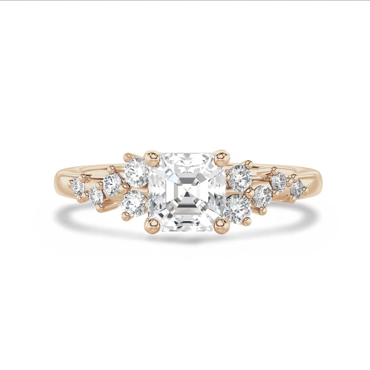 Anillo solitario tipo cluster 1.50 ct en oro rojo con diamante corte Asscher