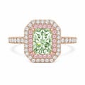 Anillo doble halo de 1,20 quilates con un diamante Fancy-Vivid Green talla radiant creado en laboratorio en oro rojo