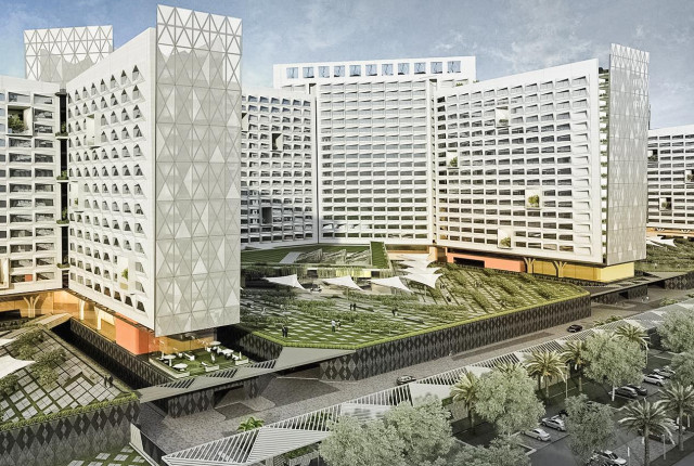 Rendu architectural du showroom Bombay, ensemble de bâtiments blancs contemporains avec toits végétalisés