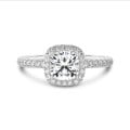 1.20 carats bague solitaire de type auréole avec un diamant synthétique coussin en or blanc avec diamants synthétiques ronds