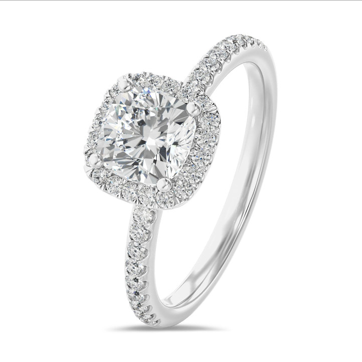 2.50 carats bague solitaire de type auréole avec un diamant synthétique coussin en or blanc avec diamants synthétiques ronds
