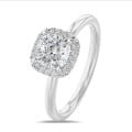 3.00 carats bague solitaire de type auréole avec un diamant synthétique coussin en or blanc avec diamants synthétiques ronds