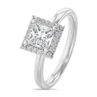 1.00 carats bague solitaire de type auréole avec un diamant de laboratoire princesse en or blanc avec diamants de laboratoire ronds