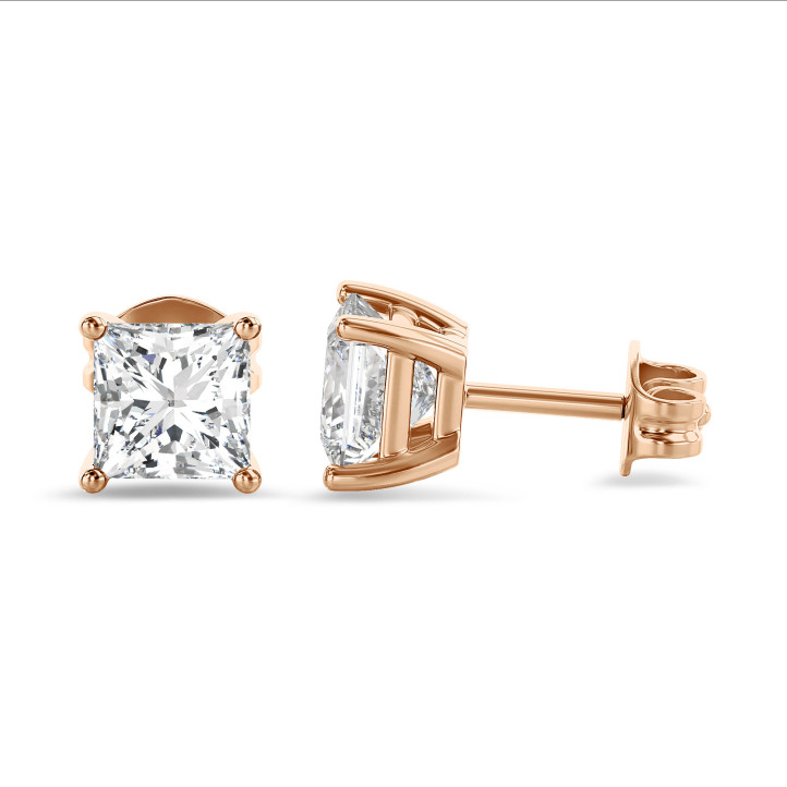 2.00 carats Boucles d'oreilles en or rouge avec diamant de laboratoire princesse solitaire