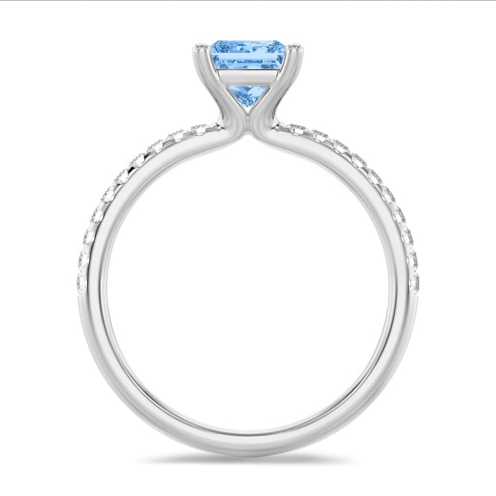 2.50 carats bague solitaire avec un diamant synthétique princesse bleu en or blanc avec diamants synthétiques sur les côtés