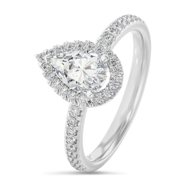 Bagues de fiançailles - 3.00 carats bague solitaire de type auréole avec un diamant de laboratoire poire en or blanc avec diamants de laboratoire ronds