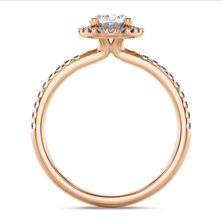 1.00 carats bague solitaire de type auréole avec un diamant de laboratoire ovale en or rouge avec diamants de laboratoire ronds