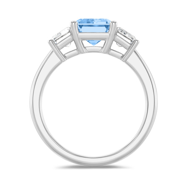 Bagues de fiançailles - 4.40 carat Bague trilogie en or blanc avec un diamant synthétique émeraude bleu et des diamants synthétiques blancs émeraude
