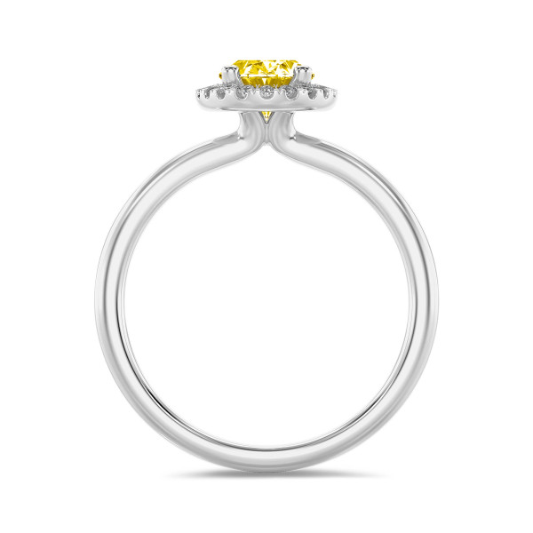 Bagues de fiançailles - 1.00 carat bague solitaire de type auréole en or blanc avec un diamant synthétique jaune ovale et diamants synthétiques ronds