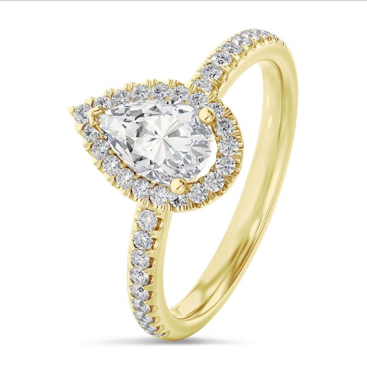 5.00 carats bague solitaire de type auréole avec un diamant synthétique poire en or jaune avec diamants synthétiques ronds