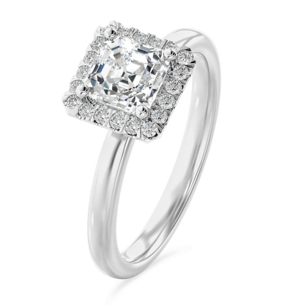 Bagues de fiançailles - 1.00 carats bague solitaire de type auréole avec un diamant synthétique taille asscher en or blanc et diamants synthétiques ronds