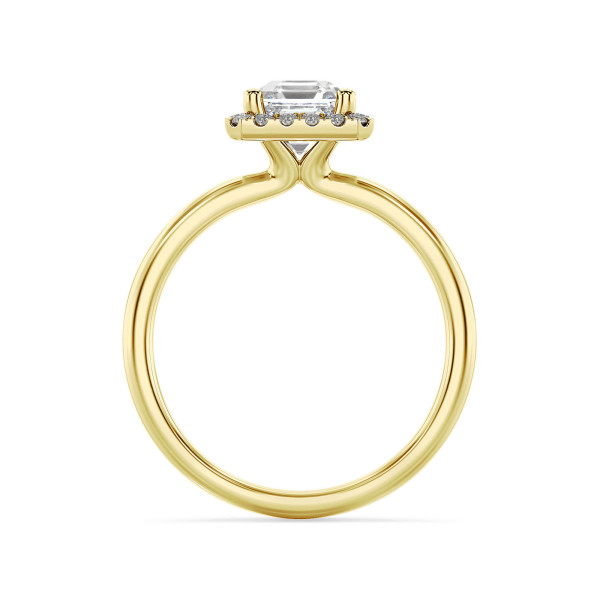 Bagues - 1.50 carats bague solitaire de type auréole avec un diamant synthétique taille asscher en or jaune et diamants synthétiques ronds