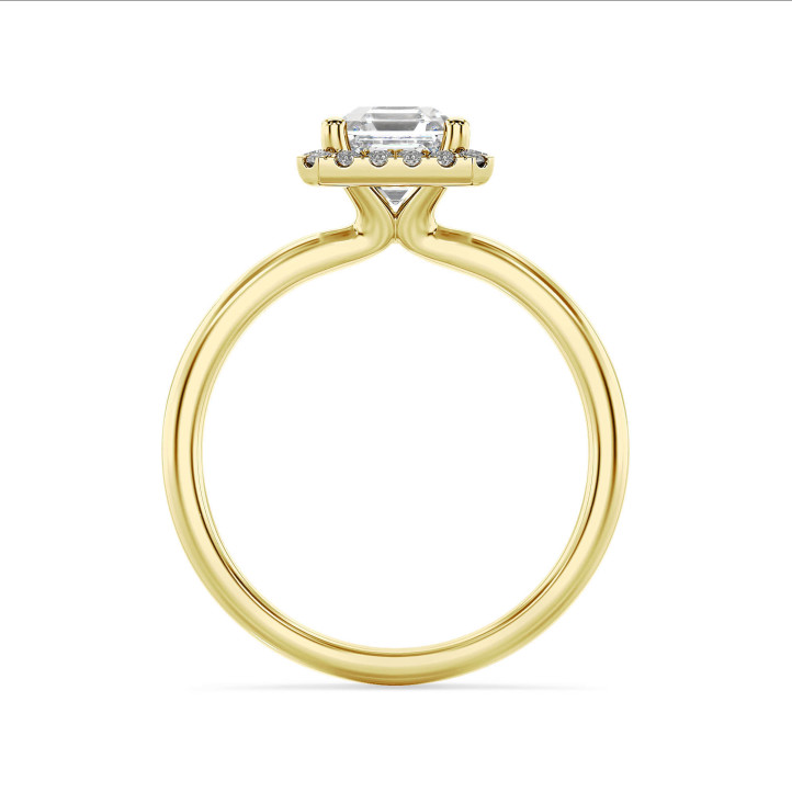 2.00 carats bague solitaire de type auréole avec un diamant synthétique taille asscher en or jaune et diamants synthétiques ronds