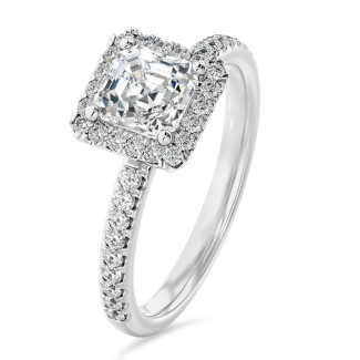 1.00 carats bague solitaire de type auréole avec un diamant synthétique taille asscher en or blanc et diamants synthétiques ronds