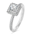 1.20 carats bague solitaire de type auréole avec un diamant synthétique taille asscher en or blanc et diamants synthétiques ronds