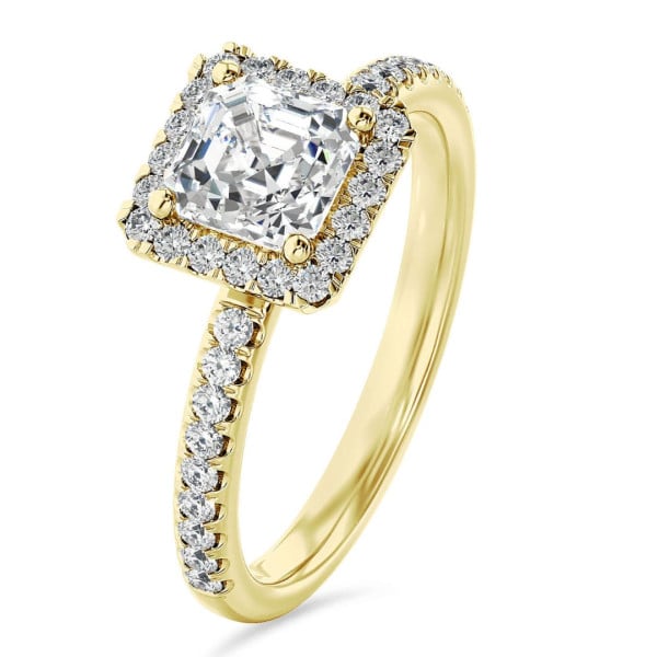 2.00 carats bague solitaire de type auréole avec un diamant synthétique taille asscher en or jaune et diamants synthétiques ronds