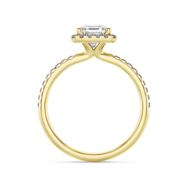 2.00 carats bague solitaire de type auréole avec un diamant synthétique taille asscher en or jaune et diamants synthétiques ronds