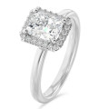 3.00 carat bague solitaire de type auréole avec un diamant de taille radiant synthétique en or blanc et diamants synthétiques ronds