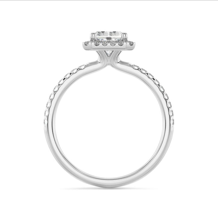 1.50 carat bague solitaire de type auréole avec un diamant de taille radiant synthétique en or blanc et diamants synthétiques ronds