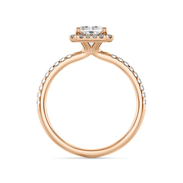 1.50 carat bague solitaire de type auréole avec un diamant de taille radiant synthétique en or rouge et diamants synthétiques ronds
