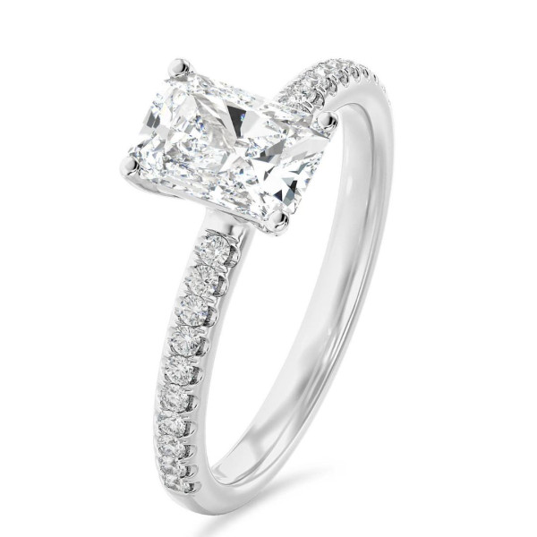 Bagues de fiançailles - 1.00 carat bague solitaire avec un diamant de taille radiant synthétique en or blanc et diamants synthétiques sur les côtés