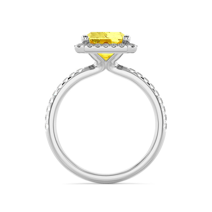 3.00 carat bague solitaire de type auréole avec un diamant jaune de taille radiant synthétique en or blanc
