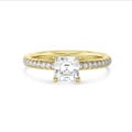 1.50 carats bague solitaire avec un diamant synthétique taille asscher et un halo caché en or jaune