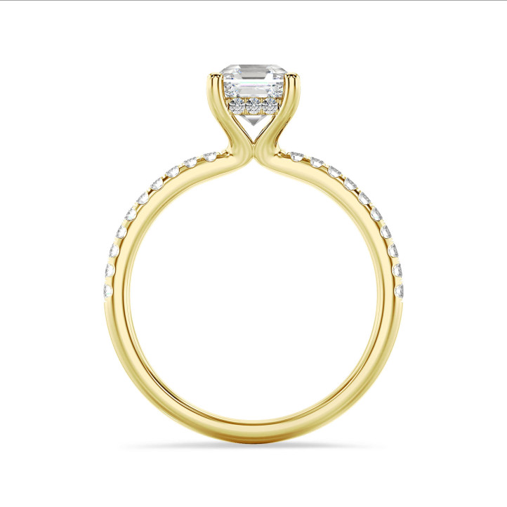 2.00 carats bague solitaire avec un diamant synthétique taille asscher et un halo caché en or jaune