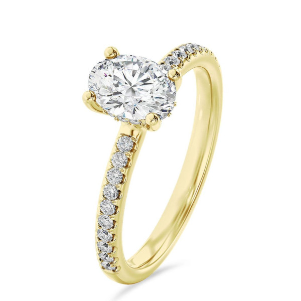 Bagues - 3.00 carats bague solitaire avec un diamant synthétique ovale et un halo caché en or jaune