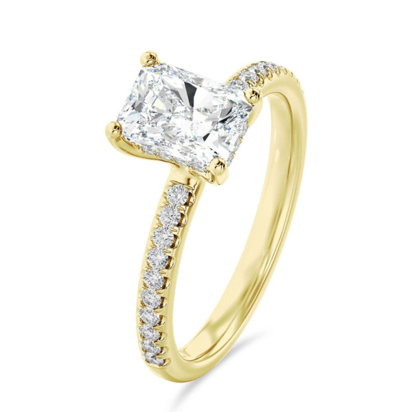 Bagues - 2.00 carat bague solitaire avec un diamant de taille radiant synthétique et un halo caché en or jaune
