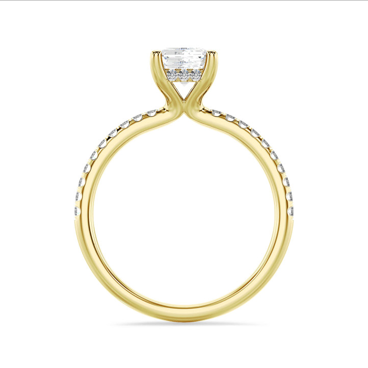 3.00 carat bague solitaire avec un diamant de taille radiant synthétique et un halo caché en or jaune