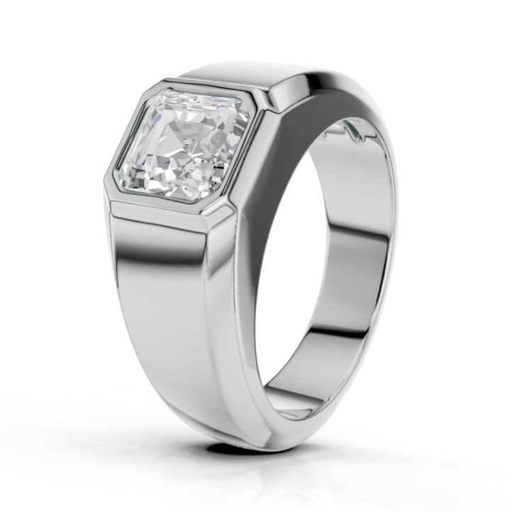 2.00 carat chevalière avec un diamant synthétique taille asscher en or blanc