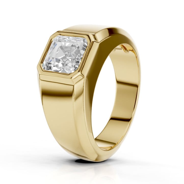 2.00 carat chevalière avec un diamant synthétique taille asscher en or jaune