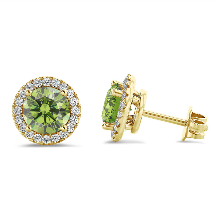 Boucles d’oreilles halo avec diamants Fancy Vivid Green de synthèse 2,00 carats en or jaune