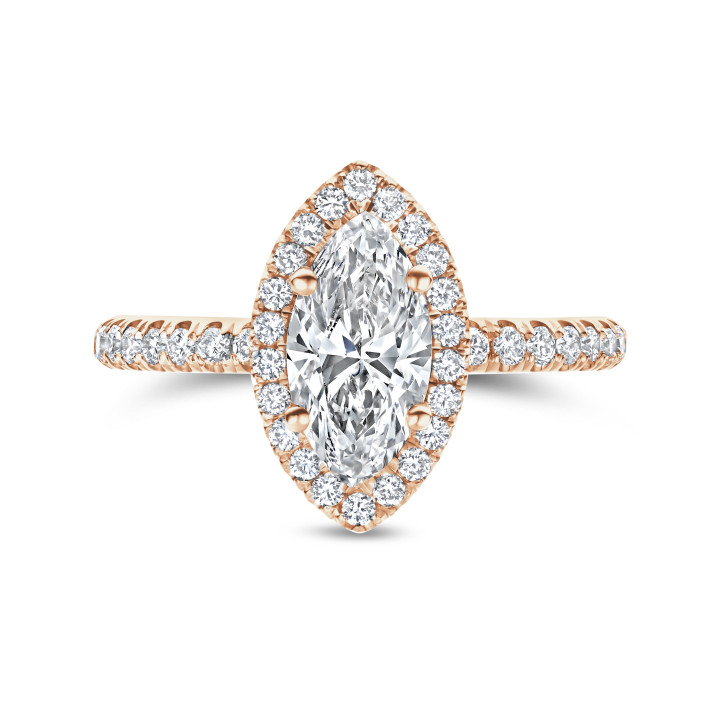 2.00 carats bague solitaire de type auréole avec un diamant de laboratoire marquise en or rouge avec diamants de laboratoire ronds