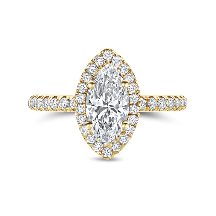 3.00 carats bague solitaire de type auréole avec un diamant de laboratoire marquise en or jaune avec diamants de laboratoire ronds
