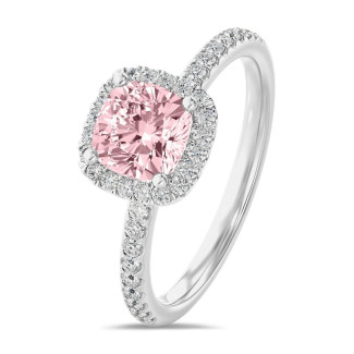 Anello solitario halo da 2,50 carati con un diamante rosa coltivato in laboratorio, taglio cuscino, in oro bianco con diamanti rotondi coltivati in laboratorio
