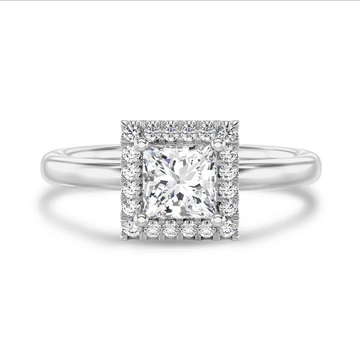 Anello solitario halo da 1,00 carati con diamante taglio princess coltivato in laboratorio in oro bianco con diamanti tondi coltivati in laboratorio